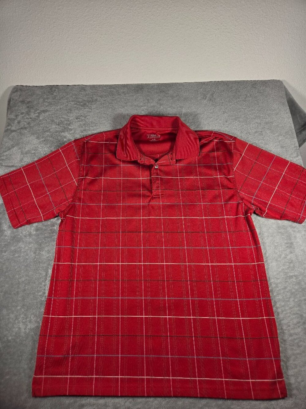 Men's PGA Tour Short Sleeve Red Windowpane Plaid Golf Polo Shirt Size L